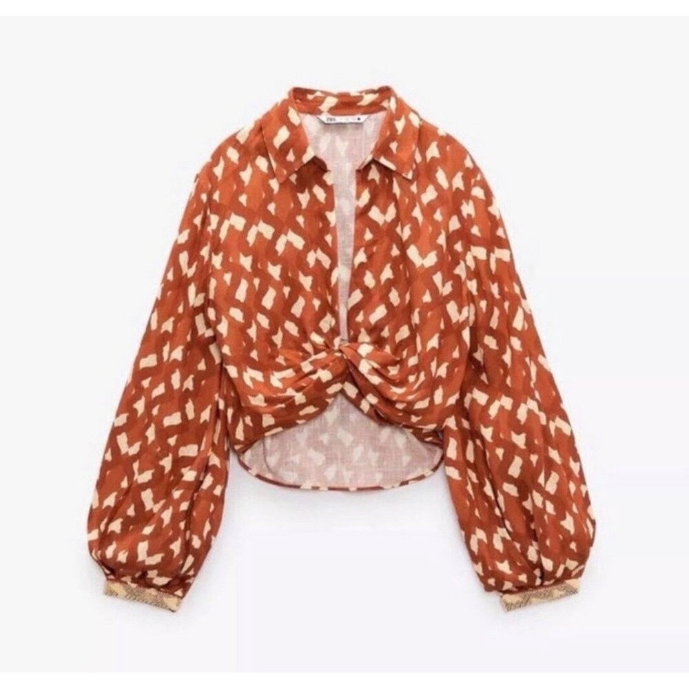 ZARA Linen Blend Abstract Print TwistedCrop Blouse Long Sleeve Beaded Cuff Med‎